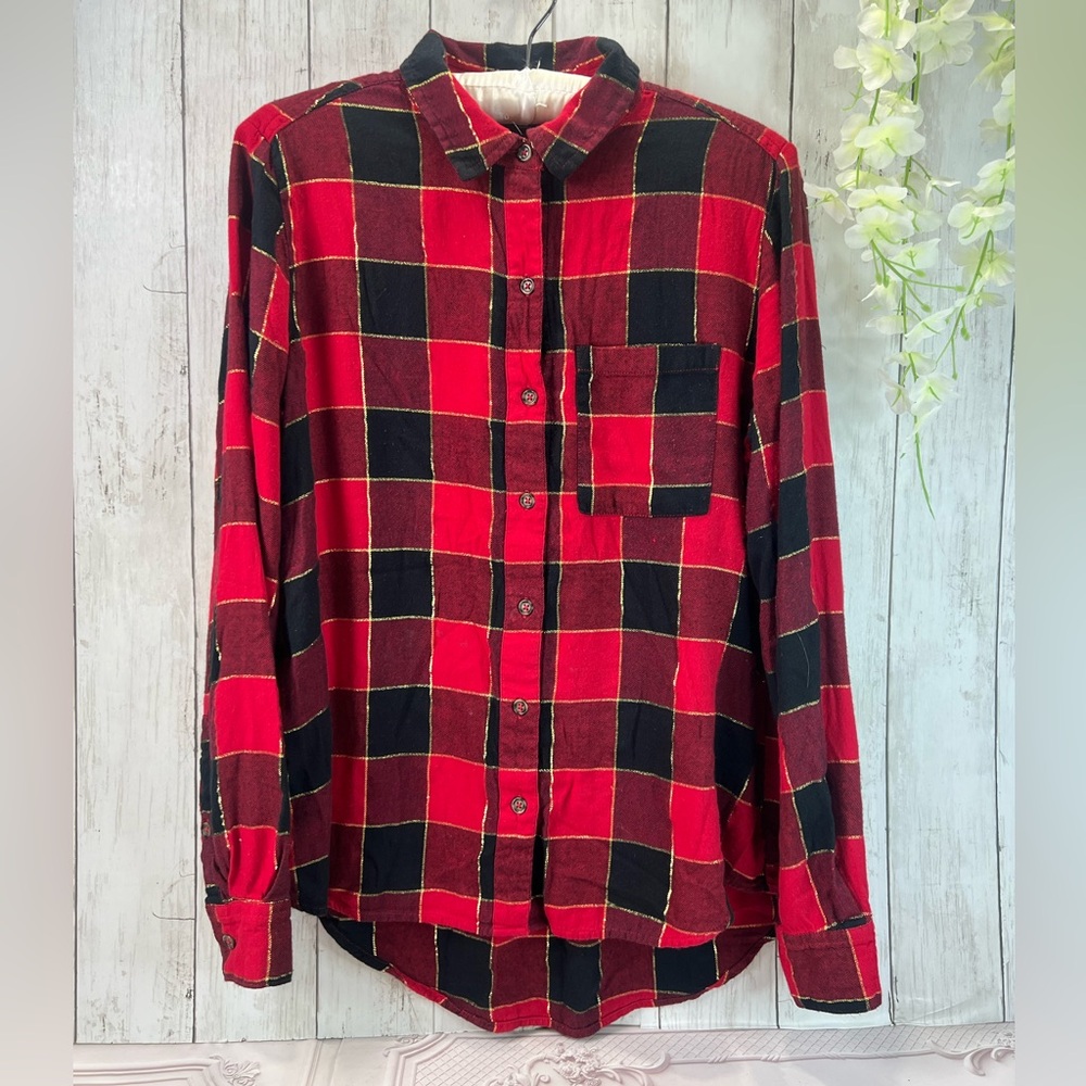 Style & Co Long Sleeve Collared Sequin Gold Button Up Plaid Shirt Size Small